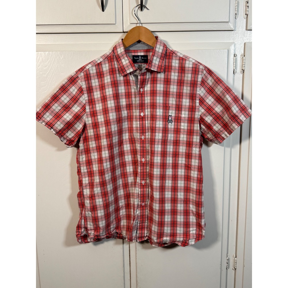 Psycho Bunny Mens Large Red Plaid Short Sleeve Pima Cotton Button Down Shirt